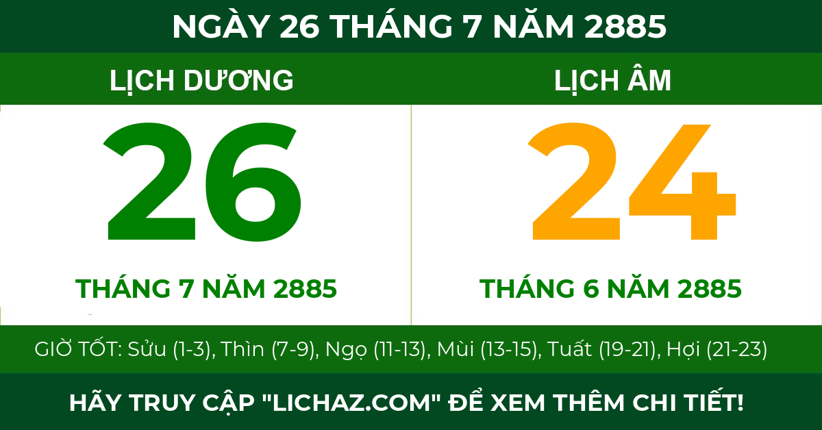 lịch âm ngày 26 tháng 7 năm 2885