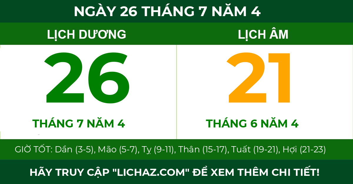 lịch âm ngày 26 tháng 7 năm 4
