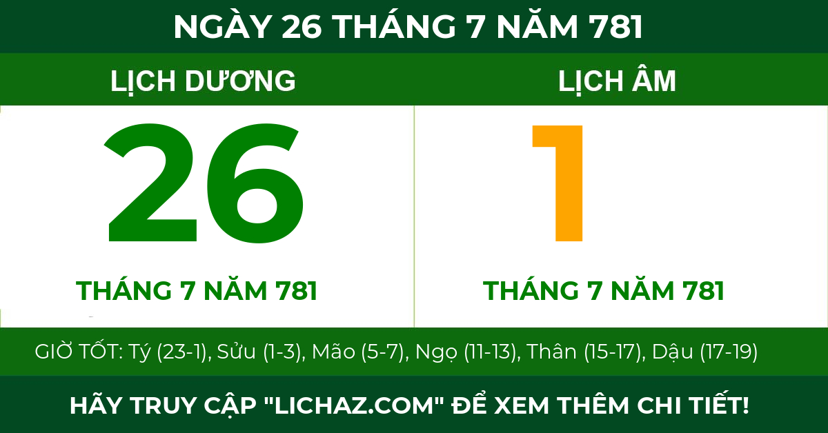 lịch âm ngày 26 tháng 7 năm 781