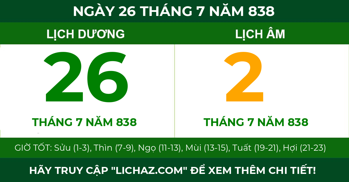 lịch âm ngày 26 tháng 7 năm 838