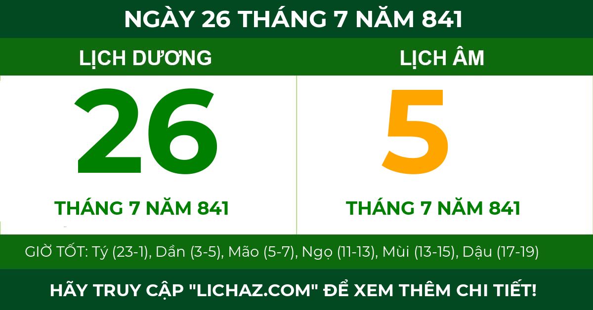 lịch âm ngày 26 tháng 7 năm 841