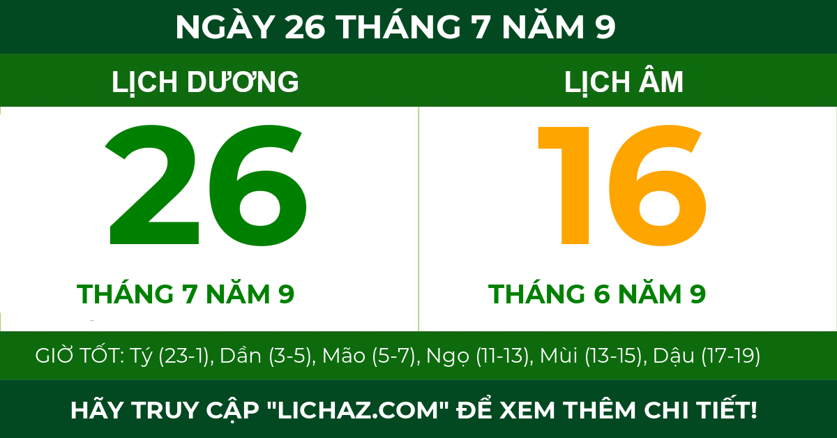 lịch âm ngày 26 tháng 7 năm 9