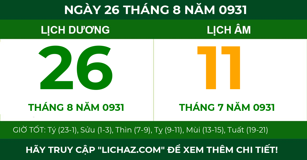 lịch âm ngày 26 tháng 8 năm 0931