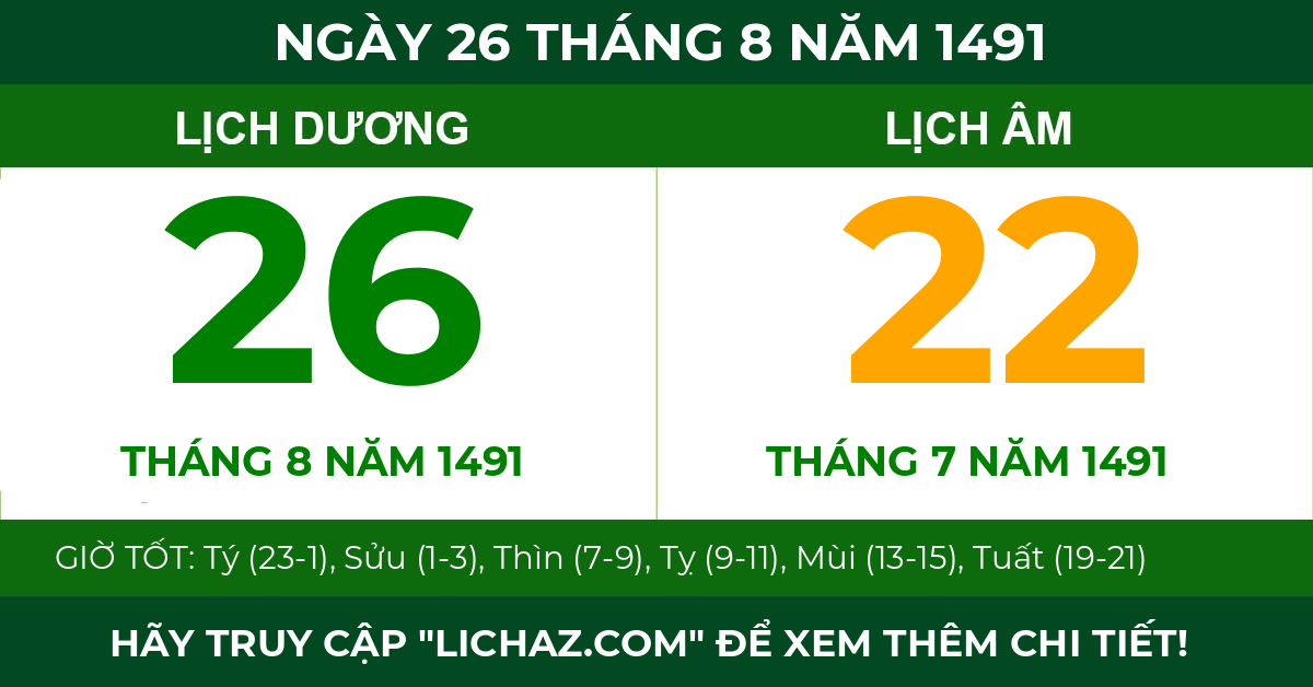 lịch âm ngày 26 tháng 8 năm 1491