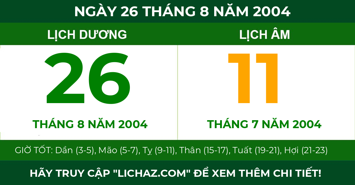 lịch âm ngày 26 tháng 8 năm 2004
