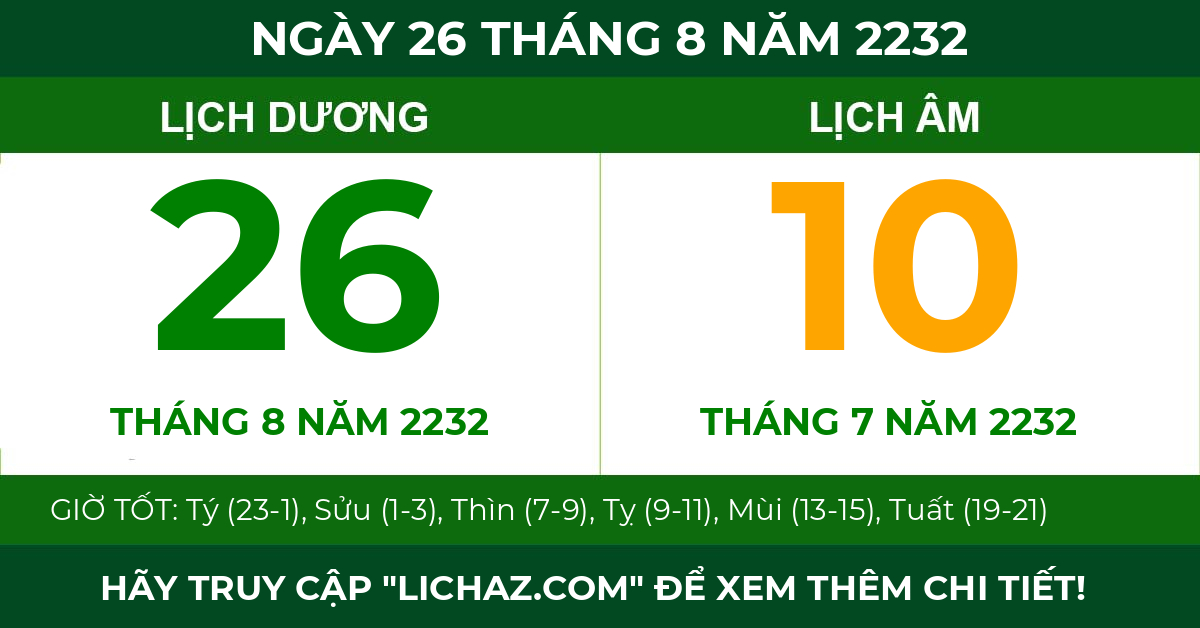 lịch âm ngày 26 tháng 8 năm 2232