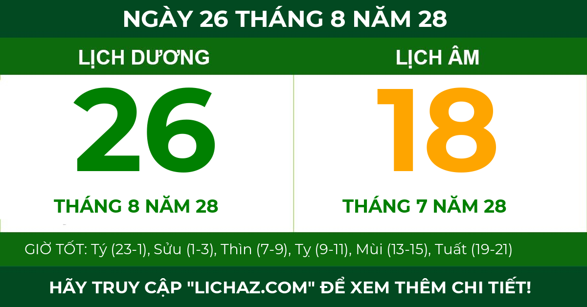 lịch âm ngày 26 tháng 8 năm 28