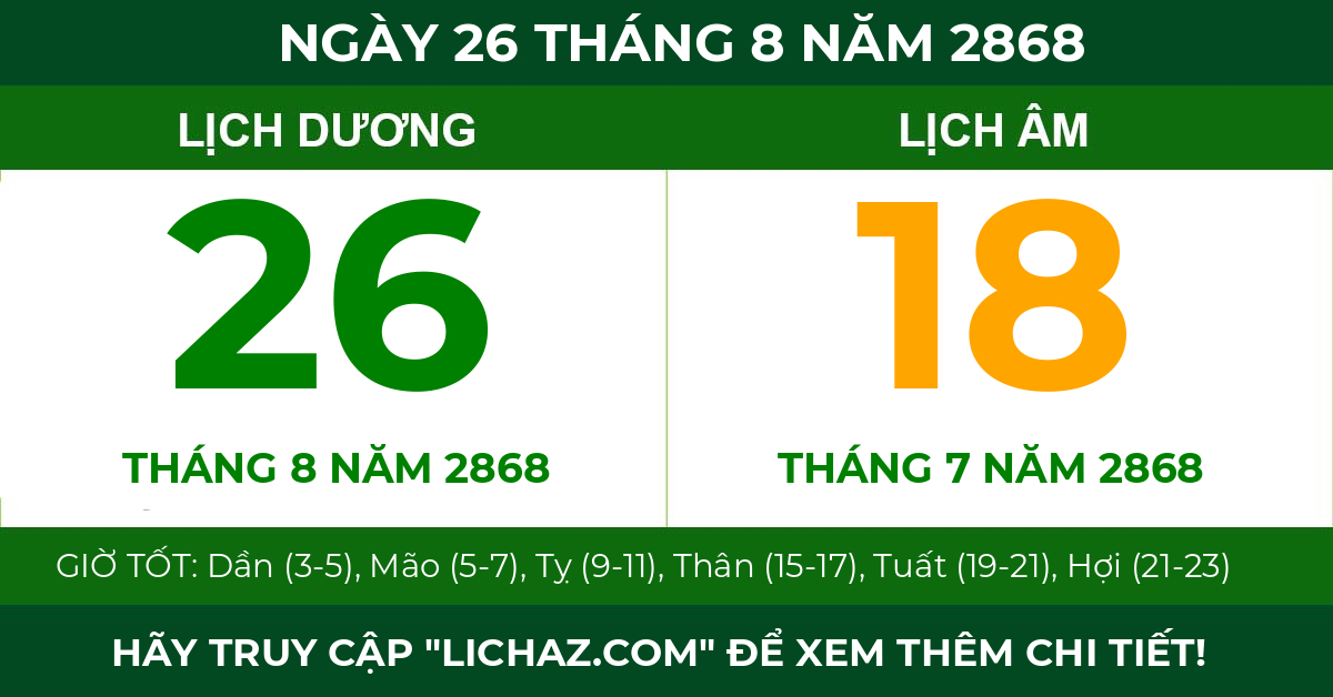 lịch âm ngày 26 tháng 8 năm 2868