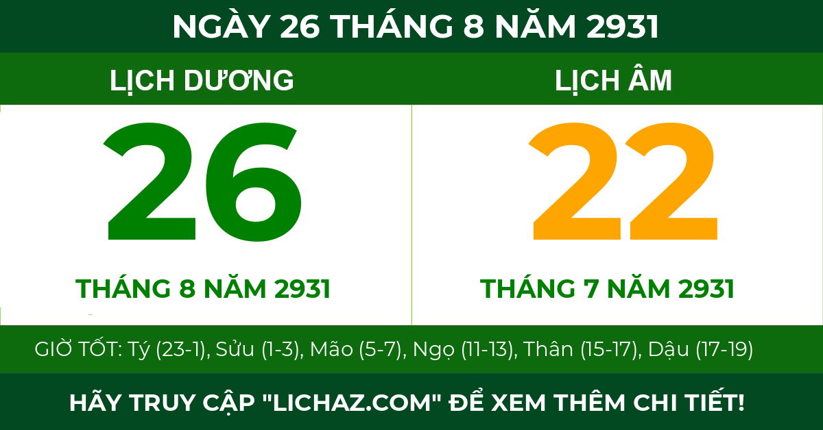lịch âm ngày 26 tháng 8 năm 2931