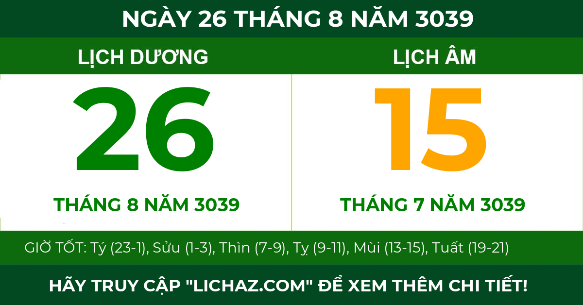 lịch âm ngày 26 tháng 8 năm 3039