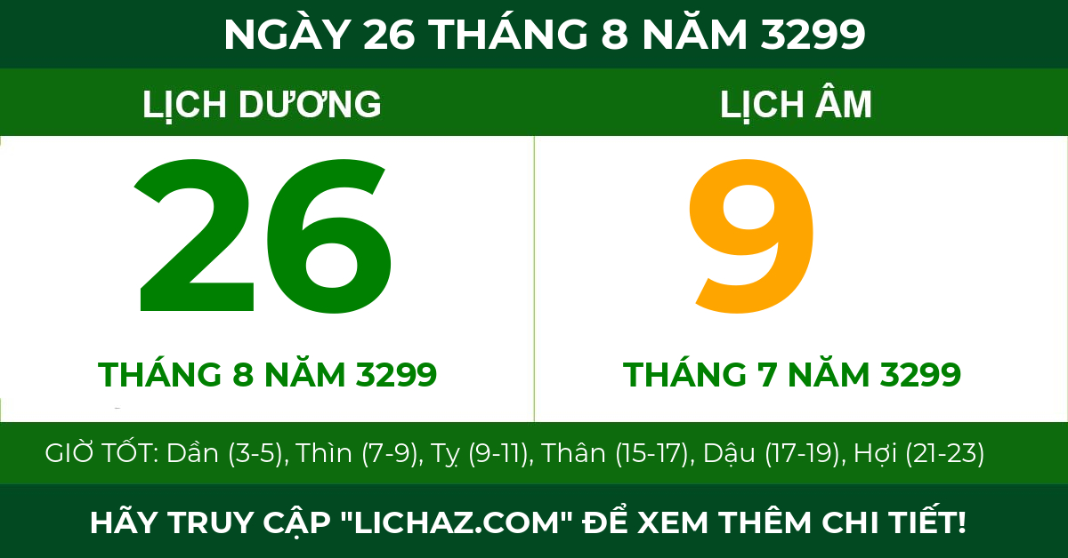 lịch âm ngày 26 tháng 8 năm 3299