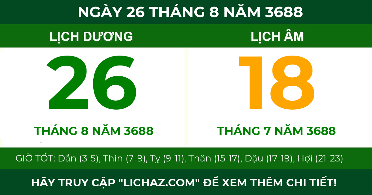 lịch âm ngày 26 tháng 8 năm 3688