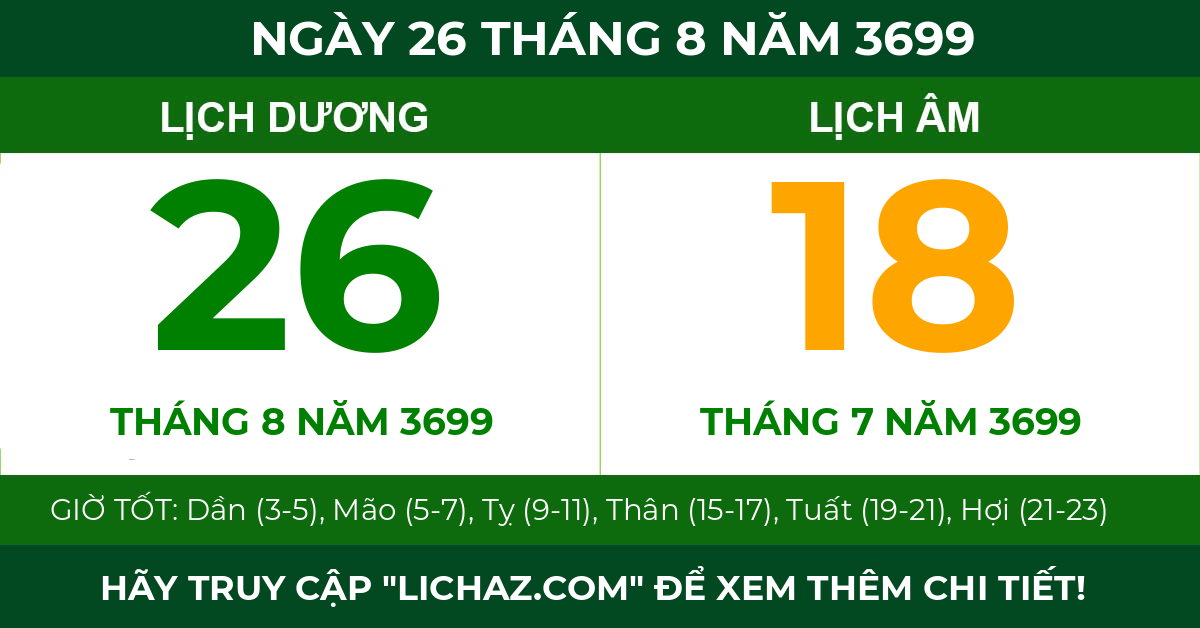 lịch âm ngày 26 tháng 8 năm 3699