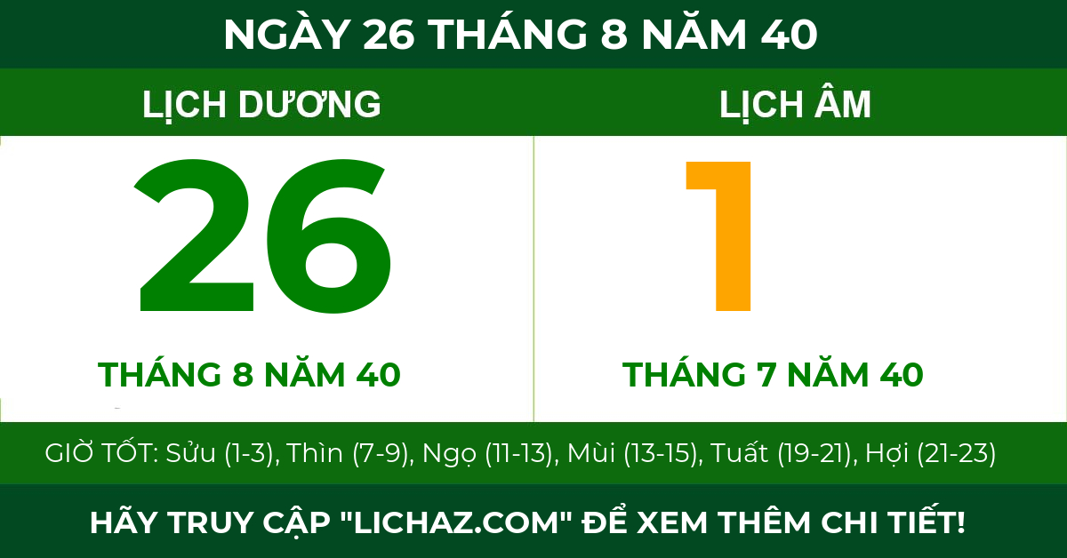 lịch âm ngày 26 tháng 8 năm 40