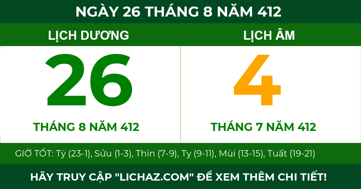 lịch âm ngày 26 tháng 8 năm 412