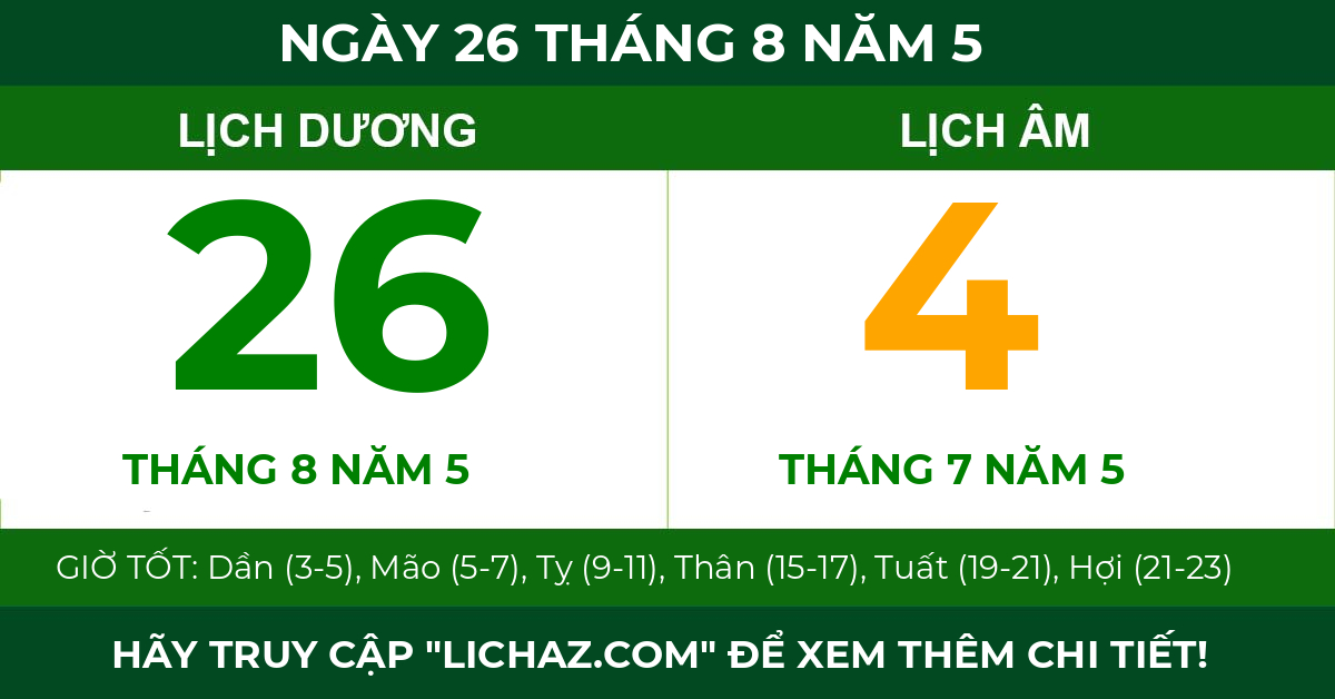 lịch âm ngày 26 tháng 8 năm 5