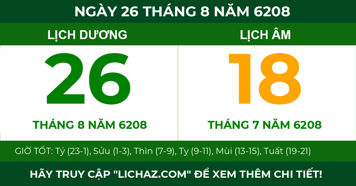 lịch âm ngày 26 tháng 8 năm 6208