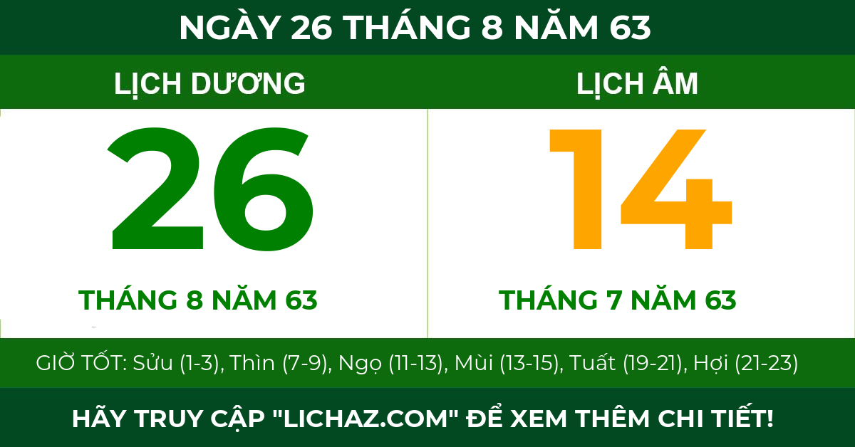 lịch âm ngày 26 tháng 8 năm 63