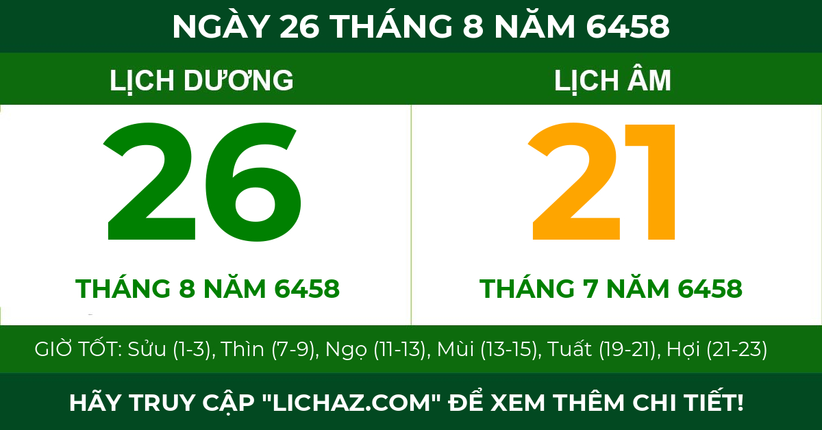 lịch âm ngày 26 tháng 8 năm 6458