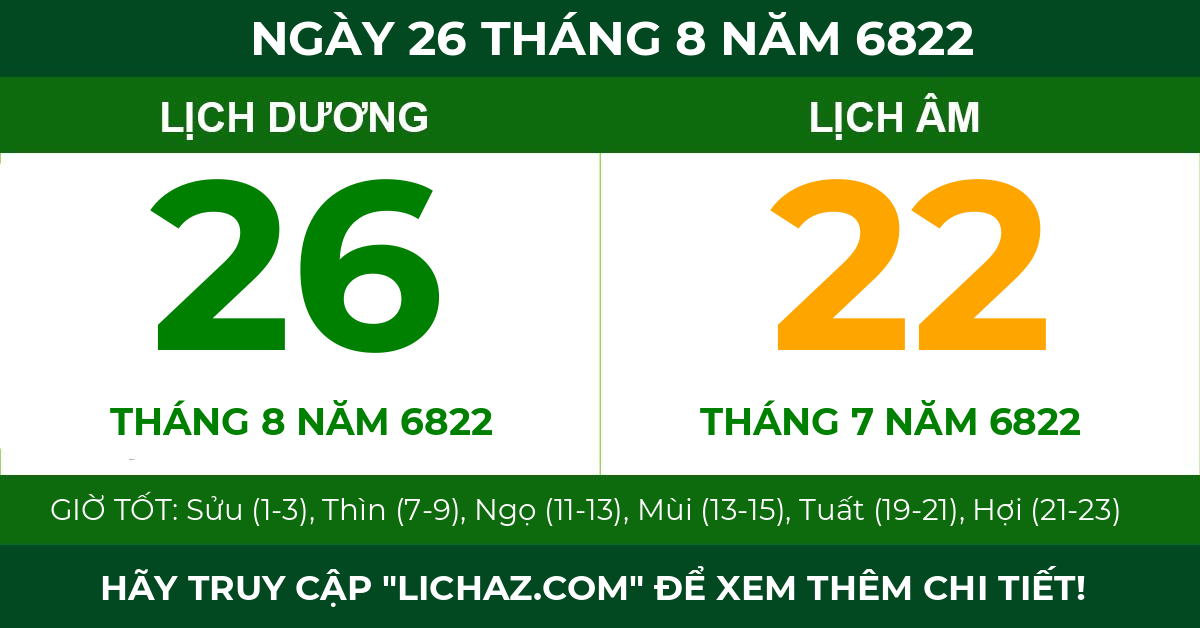 lịch âm ngày 26 tháng 8 năm 6822