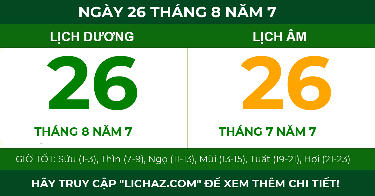 lịch âm ngày 26 tháng 8 năm 7