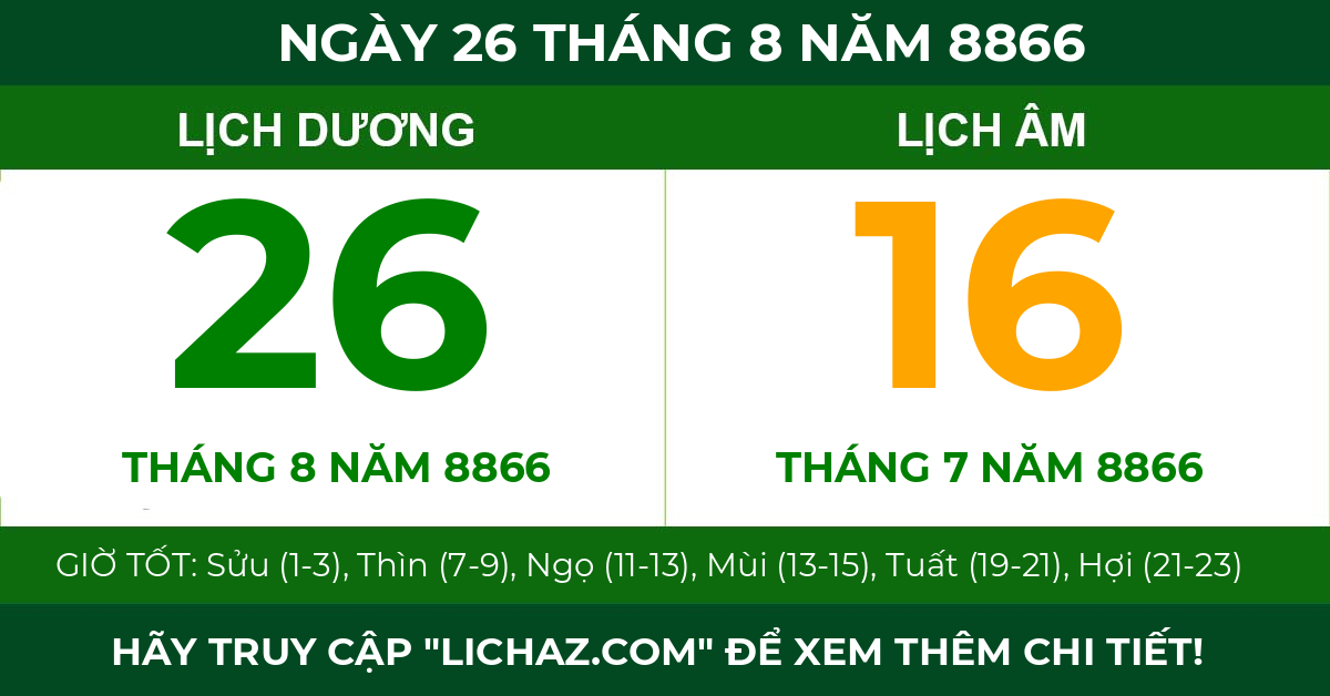 lịch âm ngày 26 tháng 8 năm 8866