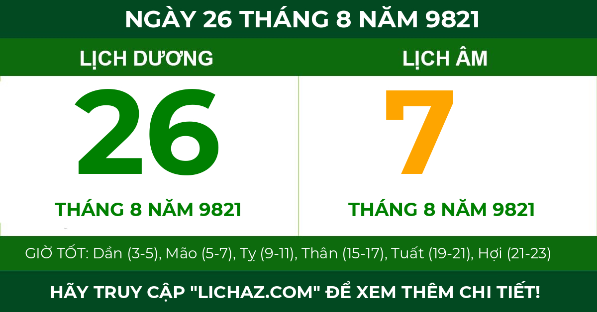 lịch âm ngày 26 tháng 8 năm 9821