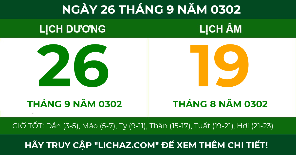 lịch âm ngày 26 tháng 9 năm 0302