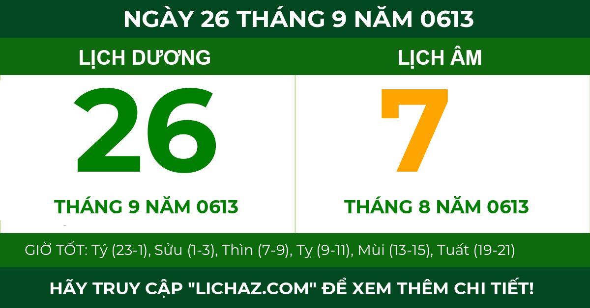 lịch âm ngày 26 tháng 9 năm 0613