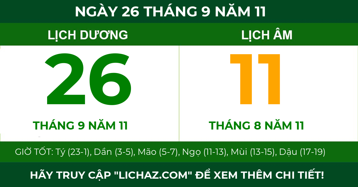 lịch âm ngày 26 tháng 9 năm 11
