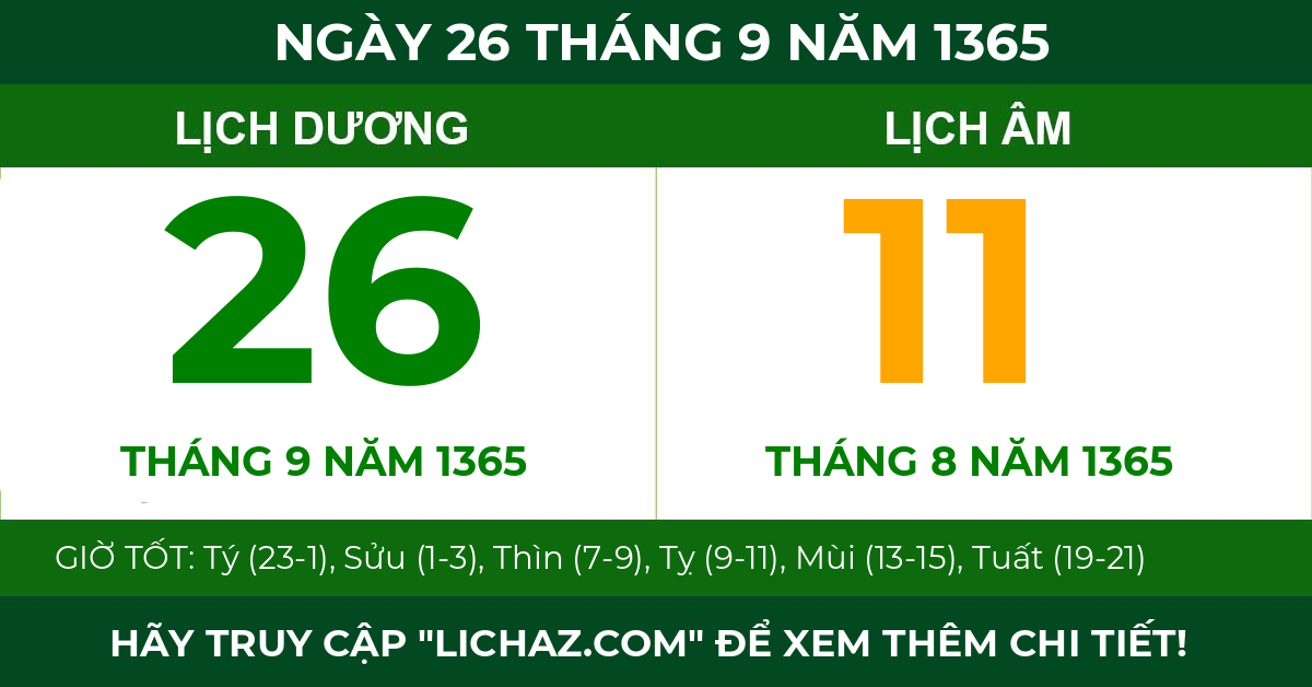 lịch âm ngày 26 tháng 9 năm 1365