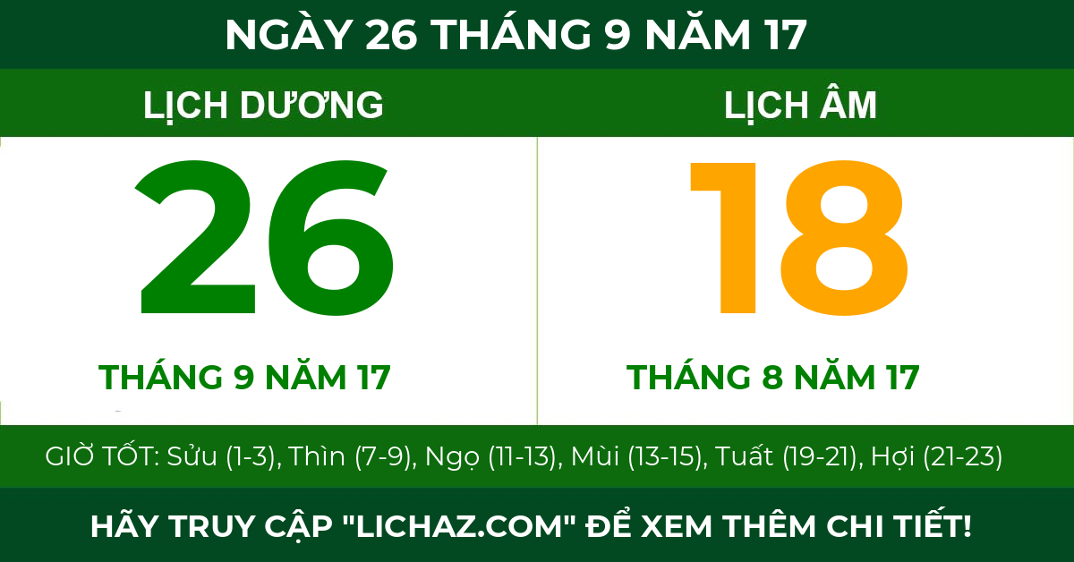 lịch âm ngày 26 tháng 9 năm 17