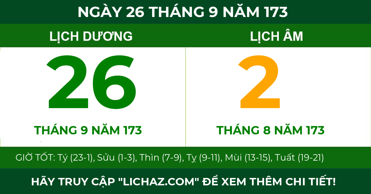 lịch âm ngày 26 tháng 9 năm 173