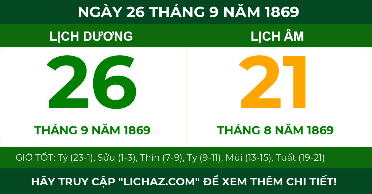 lịch âm ngày 26 tháng 9 năm 1869