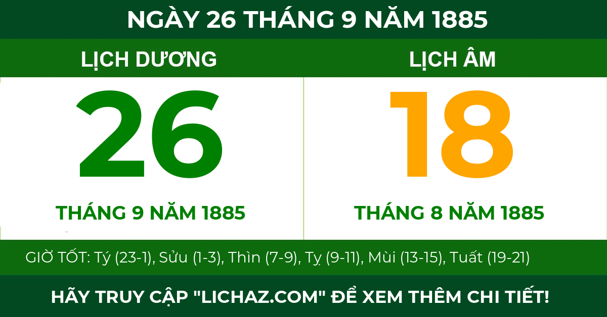 lịch âm ngày 26 tháng 9 năm 1885