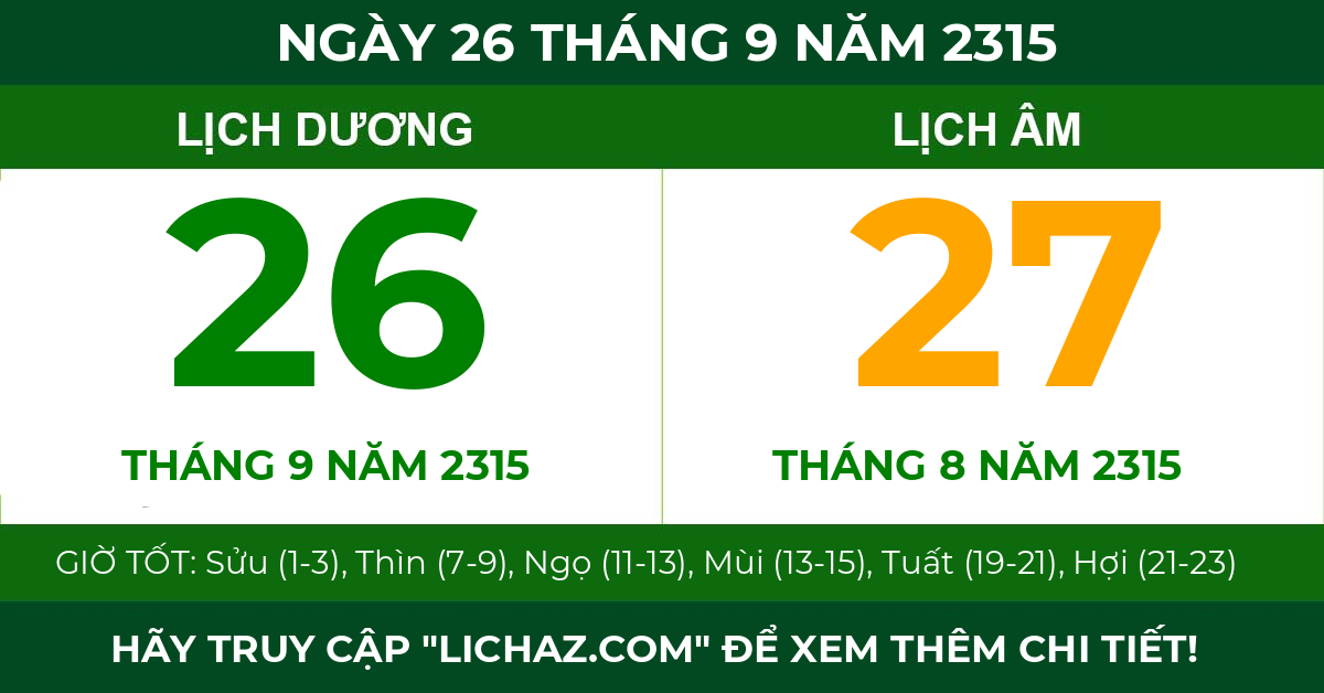 lịch âm ngày 26 tháng 9 năm 2315