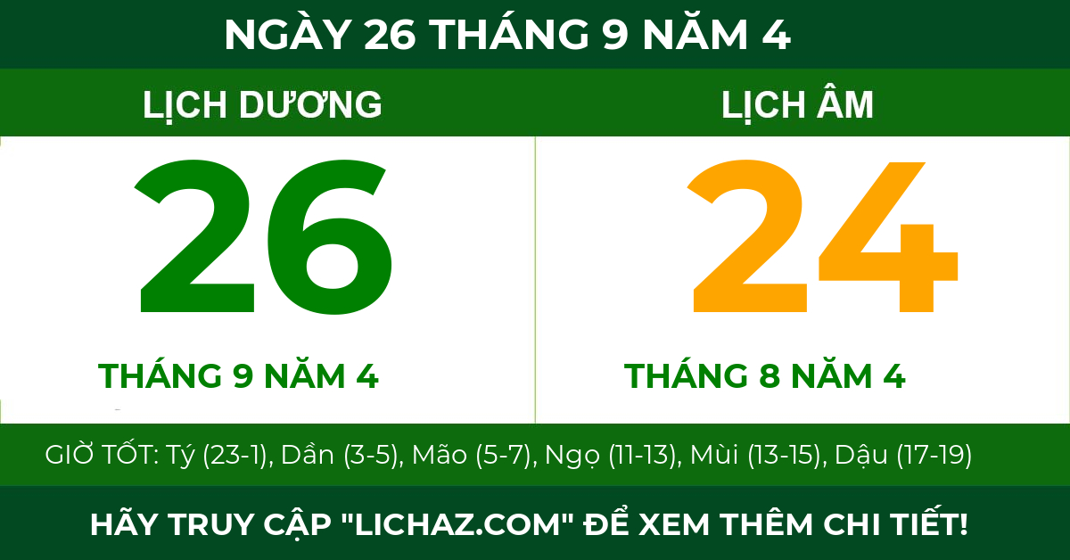 lịch âm ngày 26 tháng 9 năm 4