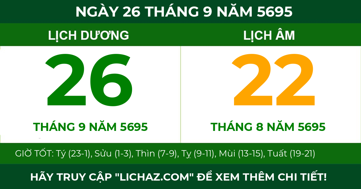 lịch âm ngày 26 tháng 9 năm 5695
