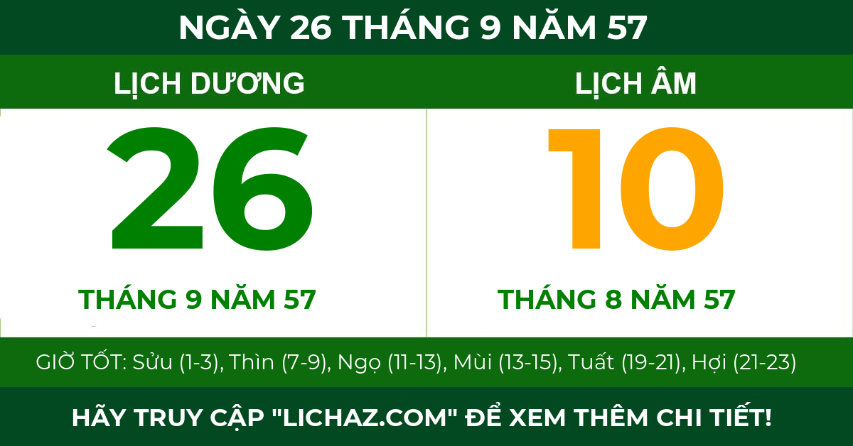 lịch âm ngày 26 tháng 9 năm 57