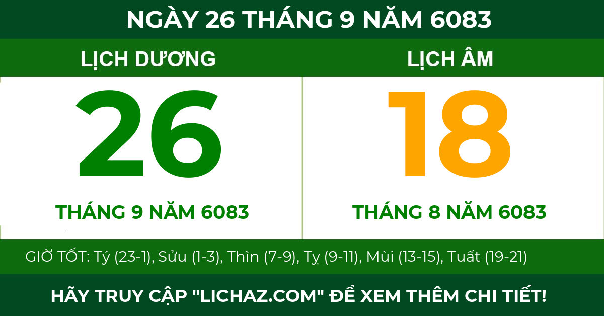 lịch âm ngày 26 tháng 9 năm 6083
