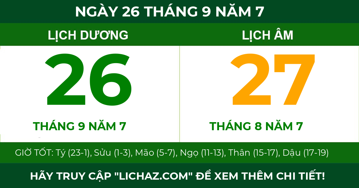 lịch âm ngày 26 tháng 9 năm 7
