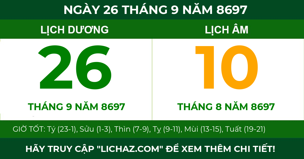 lịch âm ngày 26 tháng 9 năm 8697