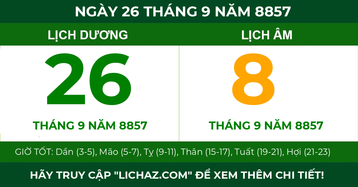 lịch âm ngày 26 tháng 9 năm 8857