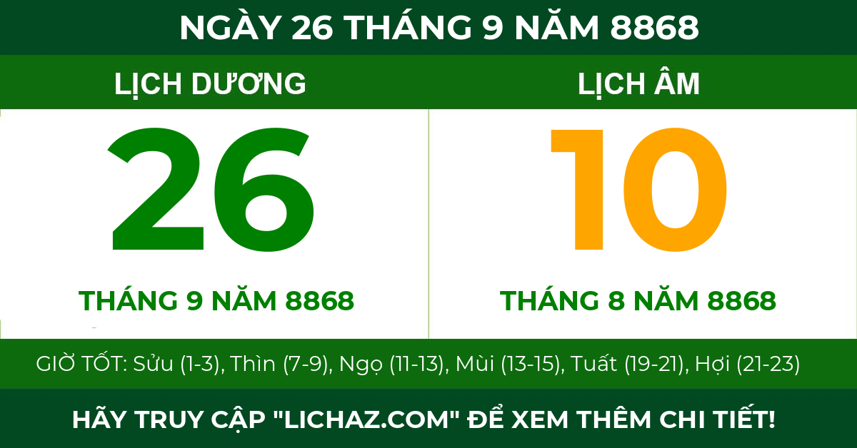 lịch âm ngày 26 tháng 9 năm 8868