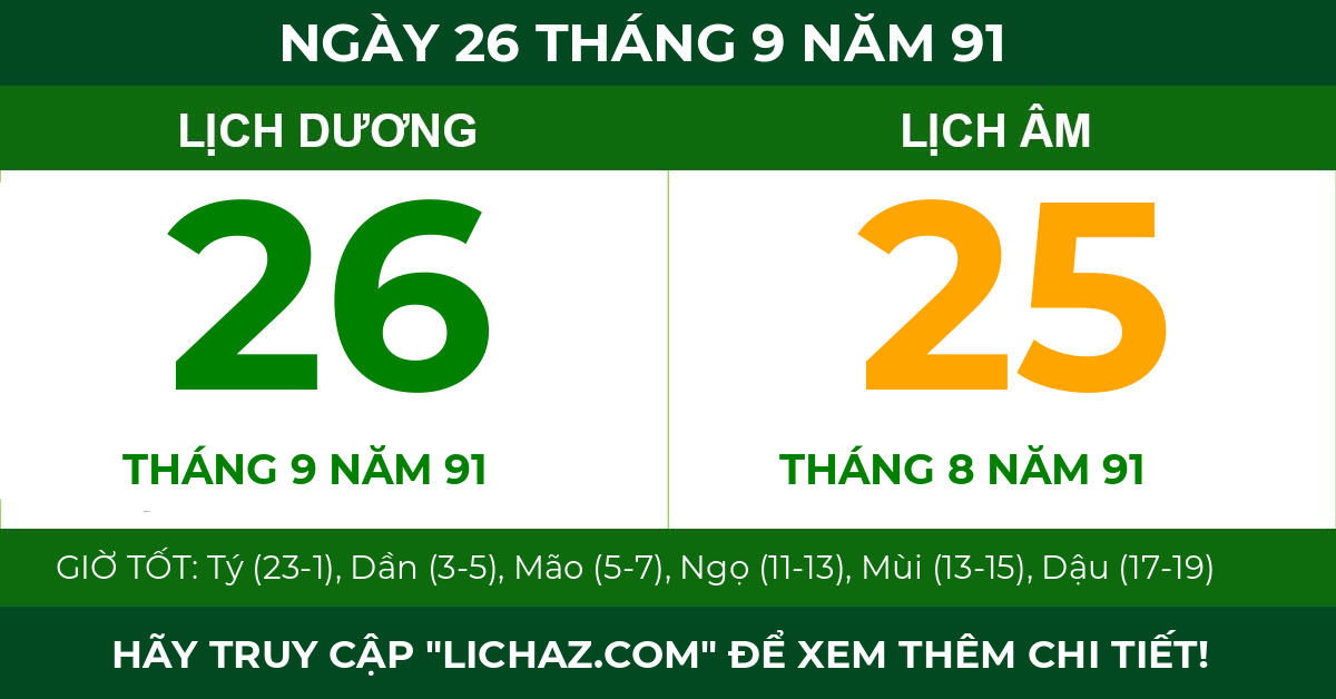 lịch âm ngày 26 tháng 9 năm 91