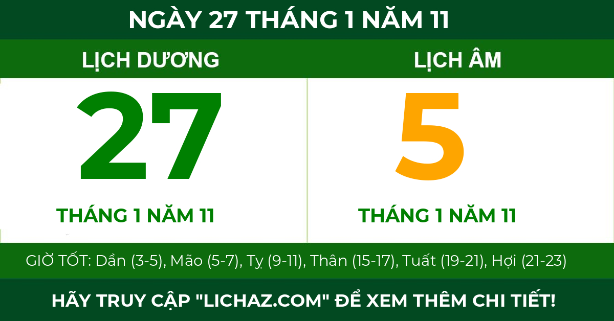 lịch âm ngày 27 tháng 1 năm 11