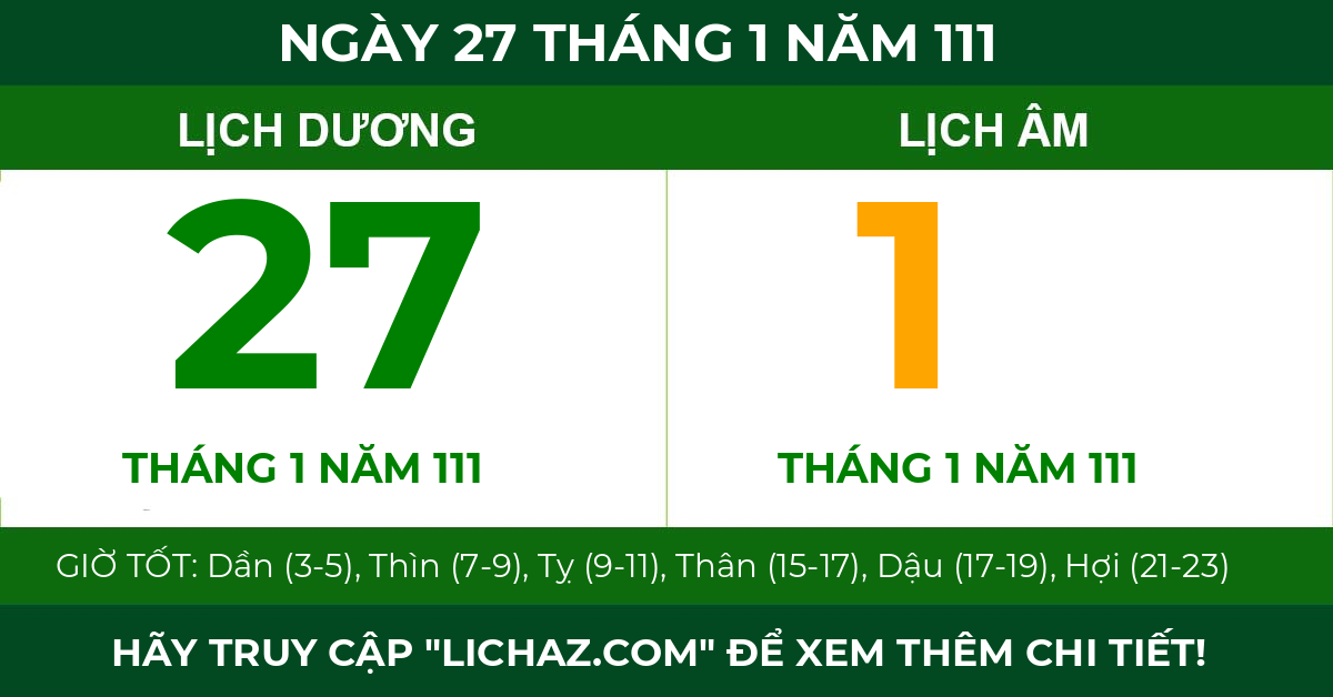 lịch âm ngày 27 tháng 1 năm 111