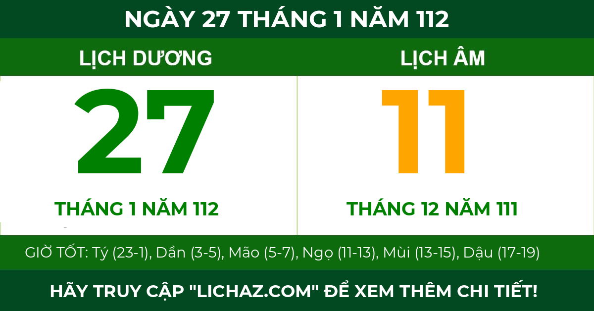 lịch âm ngày 27 tháng 1 năm 112