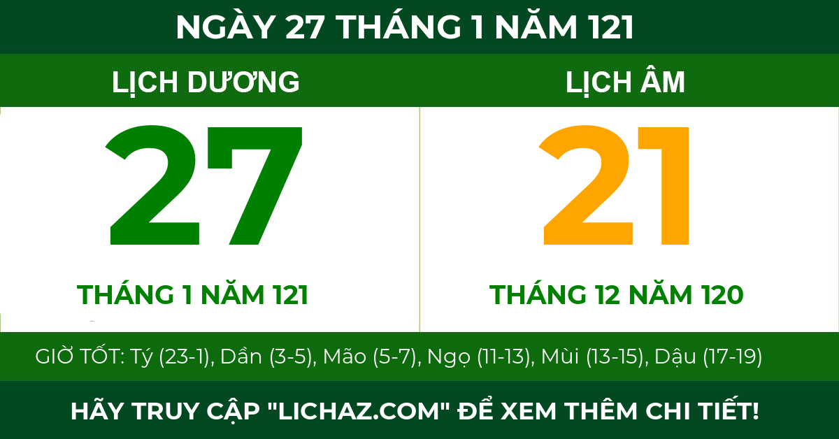 lịch âm ngày 27 tháng 1 năm 121
