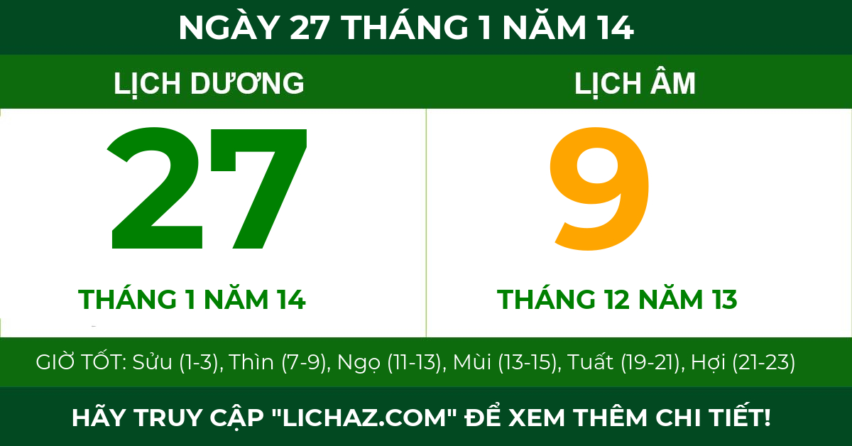 lịch âm ngày 27 tháng 1 năm 14